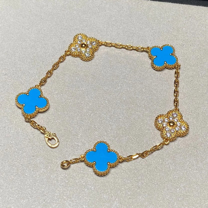 Clovers 5 Motifs Blue Chalcedony and Diamond Bracelet