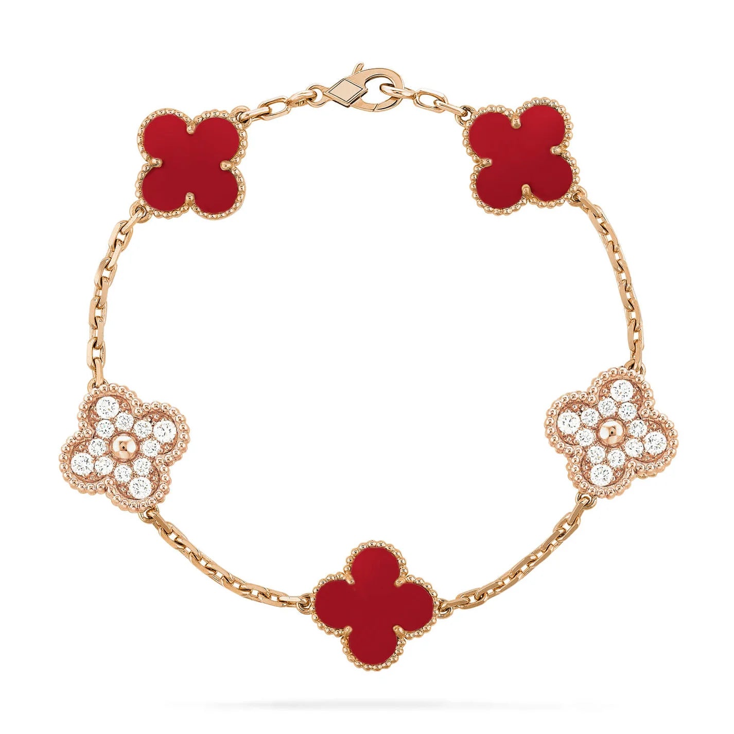 Clovers 5 Motifs Carnelian and Diamond Bracelet