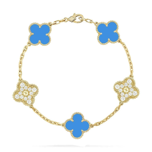 Clovers 5 Motifs Blue Chalcedony and Diamond Bracelet