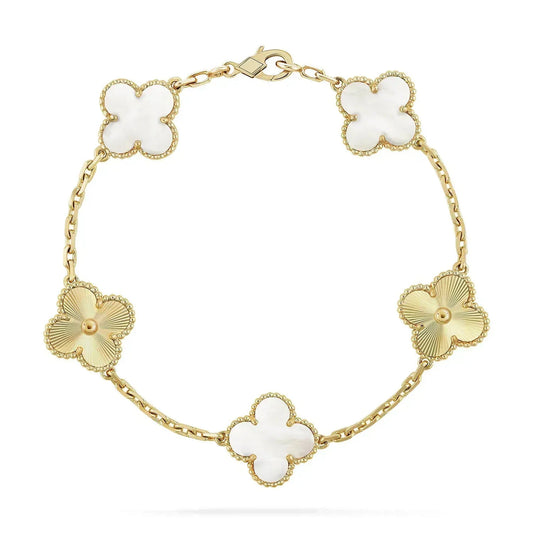 Clovers 5 Motifs White Mop and Gold Bracelet