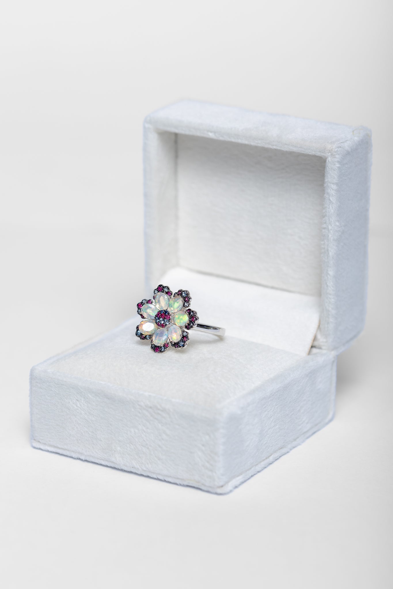 925 Sterling Silver Opal and Ruby Ring