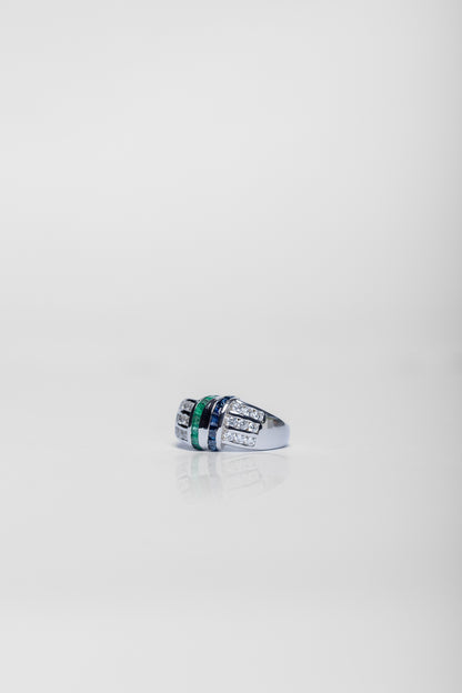 925 Sterling Silver Blue Sapphire and Emerald Ring