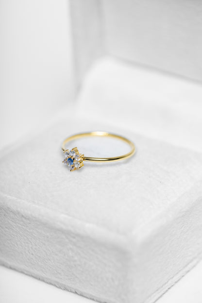 14K Flower Ring with Blue Sapphire and Zircon