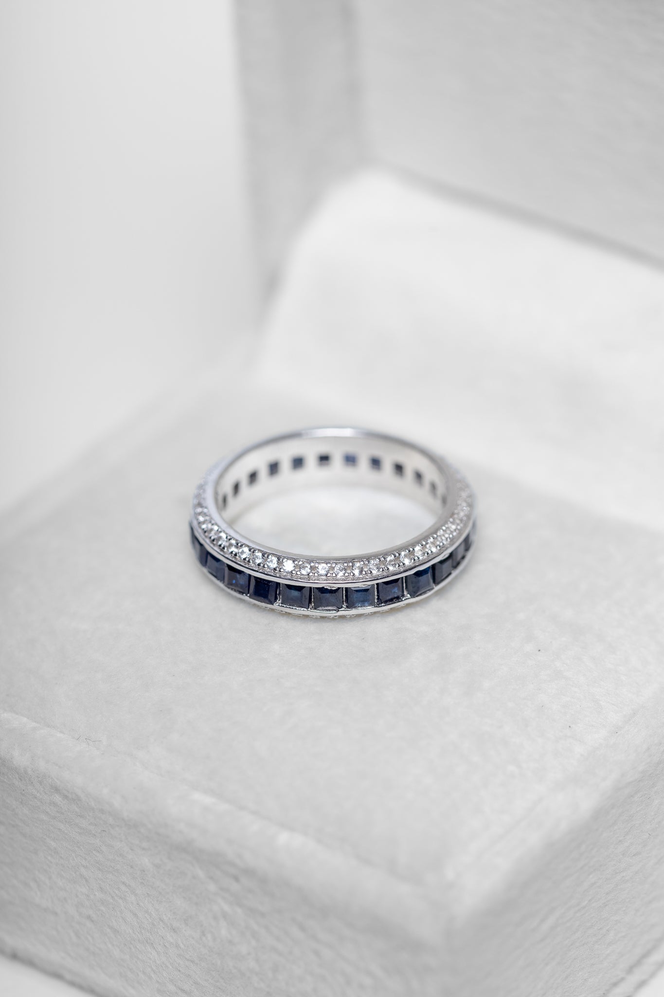 925 Sterling Silver Blue Sapphire and Zircon Chanel Setting Ring