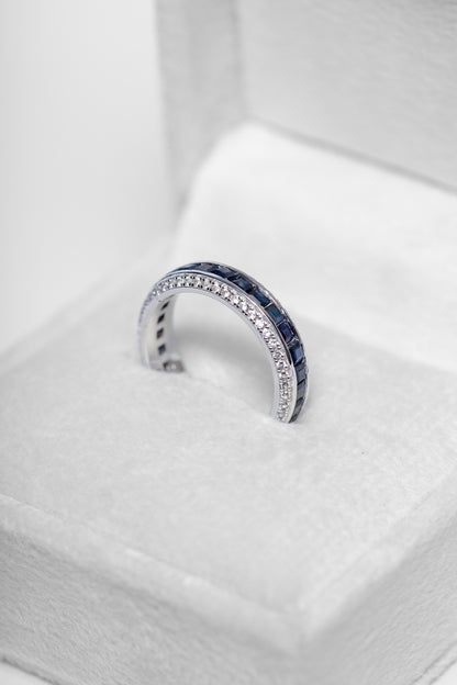 925 Sterling Silver Blue Sapphire and Zircon Chanel Setting Ring