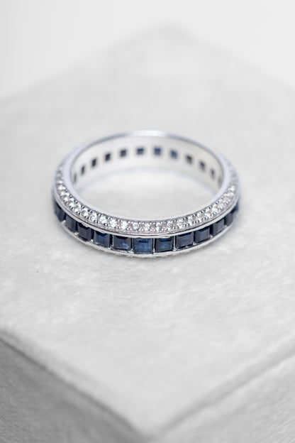 925 Sterling Silver Blue Sapphire and Zircon Chanel Setting Ring