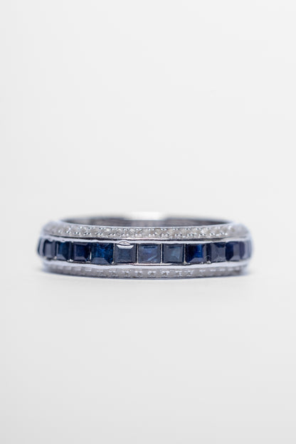 925 Sterling Silver Blue Sapphire and Zircon Chanel Setting Ring