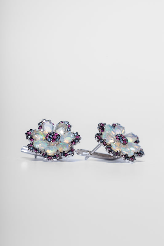 925 Sterling Silver Opal and Ruby Flower Earrings