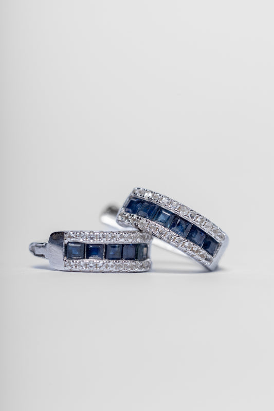 925 Sterling Silver Huggie Earrings with Blue Sapphire and Zircon