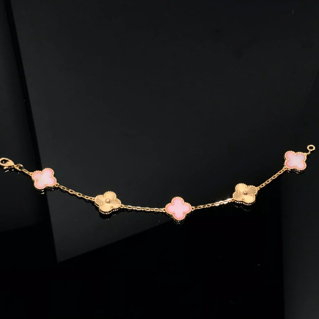 Clovers 5 Motifs Pink and Gold Bracelet